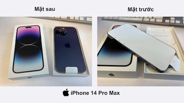 Mặt sau iPhone 14 Pro Max sau khi đập hộp và mặt trước điện thoại khi được lấy ra khỏi hộp